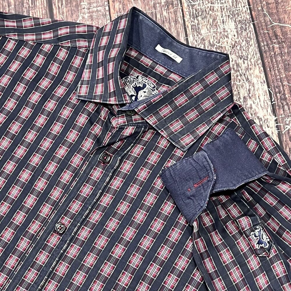 Bugatchi Mens Blue Red Plaid Check Long Sleeve Button Shirt Flip‎ Cuff Size XL